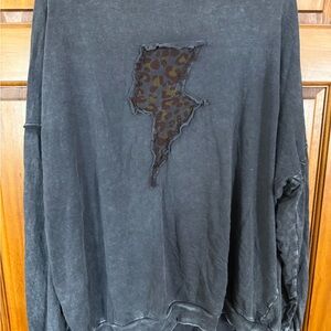 easel Black Washed Crewneck Sweatshirt with Leopard Lightning Patch